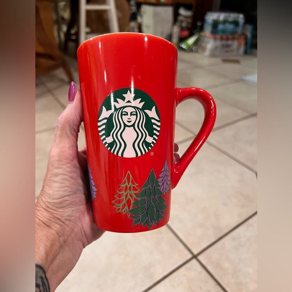 Starbucks red pine tree Christmas offer mug size 16 oz